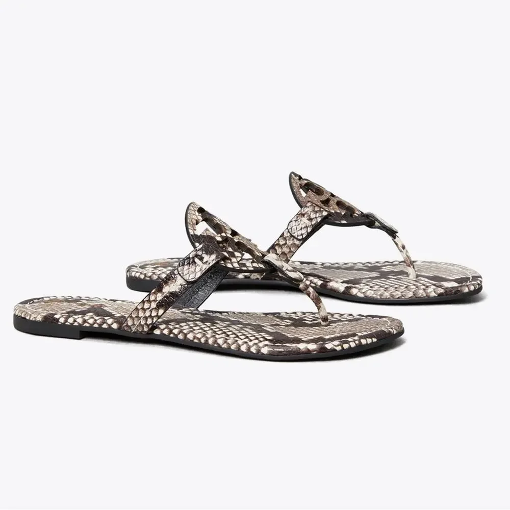 TORY BURCH Beige Black Roccia Snakeskin Leather Miller $258 Slides Sandals 7.5